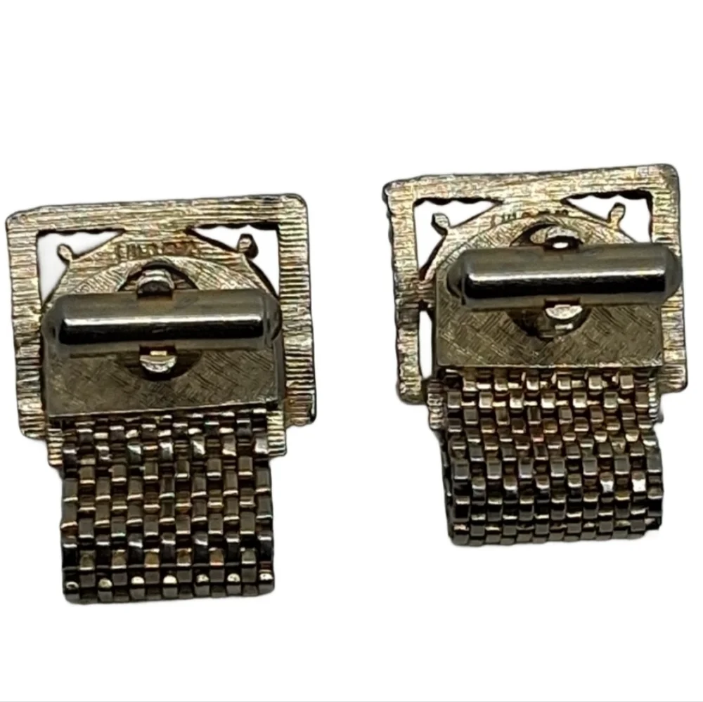 Swank Mid-Century Modern Mesh Wrap Cufflinks - Olive Green Cabochon